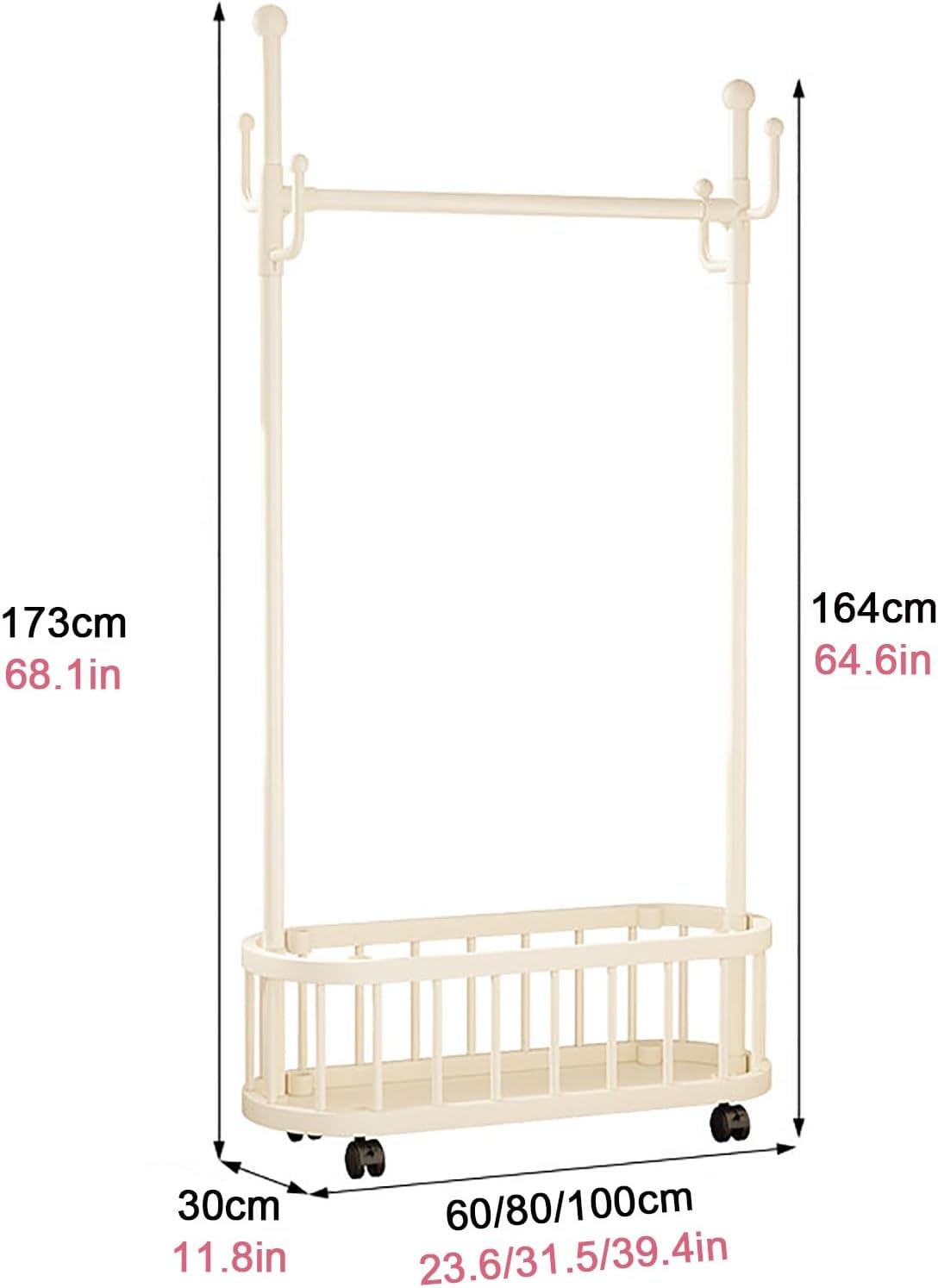 Rolling Clothes Rack With Wheels,Storage Basket,4 Hooks,Freestanding Garment Racks Hanger Stand,Coat Rack,Metal Organizer For Entryway Bedroom Living Room(White,60cm(23.6in))