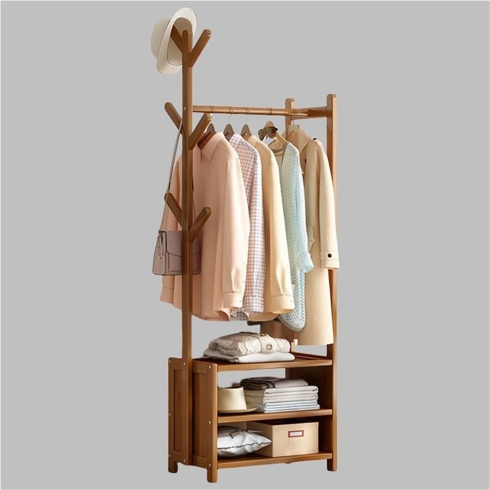 Wooden Clothes Rack with Storage & 6 Hooks, Freestanding Garment Rack for Bedroom, Dorm, Dining Room - Stylish Brown Coat Stand (19.7x11.8x65.2in)