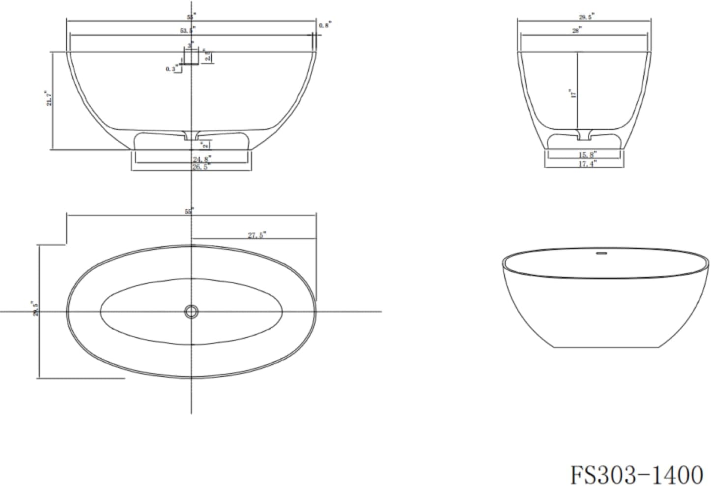 Geelife 55' Solid Soaking Bathtub - Matte White - Solid Construction - Elegant Finish