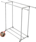 Double Clothes Garment Rack with Wheels, Extendable Rod, Heavy Duty Clothes Rail with Bottom Shelf and 4 Casters, Rolling Clothing Rack for Hanging Clothes, Load 100kg
