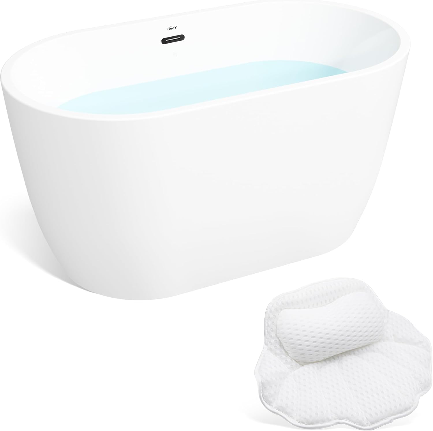 FerdY 47' Bali Acrylic Freestanding Bathtub, Gracefully Shaped Freestanding Soaking Bathtub, cUPC Certified, Toe-Tap Matte Black Drain& FerdY Bath Pillow for Bathtub,Thick Tub Pillows