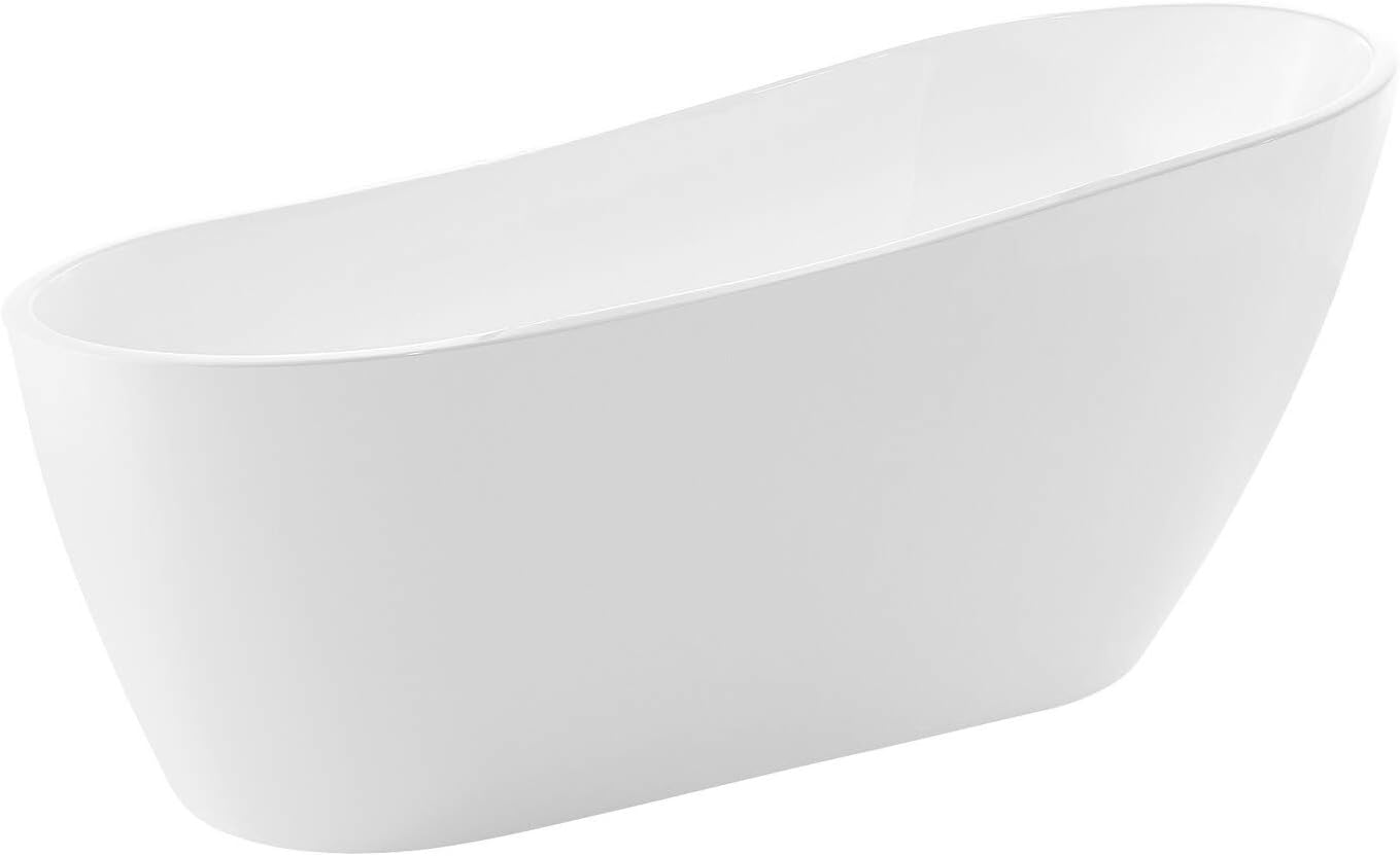 ANZZI Freestanding Oval Tub, 67' Modern Glossy White Acrylic + Fiberglass Stand Alone Soaker Hot Tub, Built-in Overflow & Drain