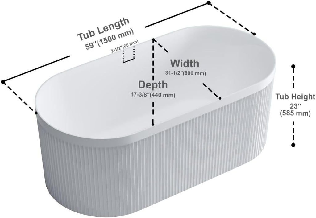 Dowell 59' x 30' Freestanding Bathtub, Acrylic Soaking Tubs, Fluted Design Oval Shape Bathtub W,Matte White-081 5930 01