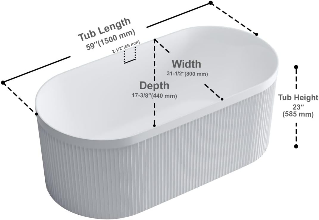 Dowell 59' x 30' Freestanding Bathtub, Acrylic Soaking Tubs, Fluted Design Oval Shape Bathtub W,Matte White-081 5930 01