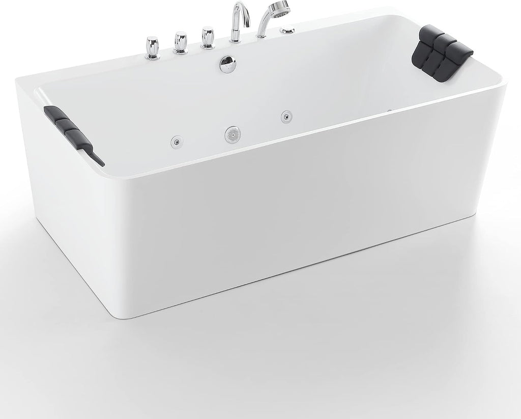 Whirlpool Bathtub 67 in. Acrylic Freestanding Bath Tub Hydromassage Gracefully Rectangle Shaped 8 Water Jets Soaking SPA, Double-Ended Massage Bathtubs with Black Pillows , White