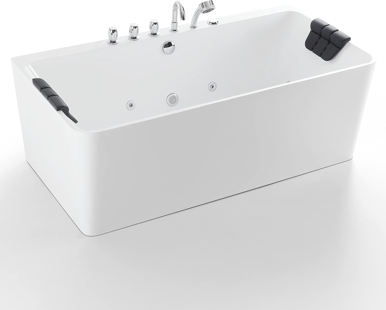 Whirlpool Bathtub 67 in. Acrylic Freestanding Bath Tub Hydromassage Gracefully Rectangle Shaped 8 Water Jets Soaking SPA, Double-Ended Massage Bathtubs with Black Pillows , White