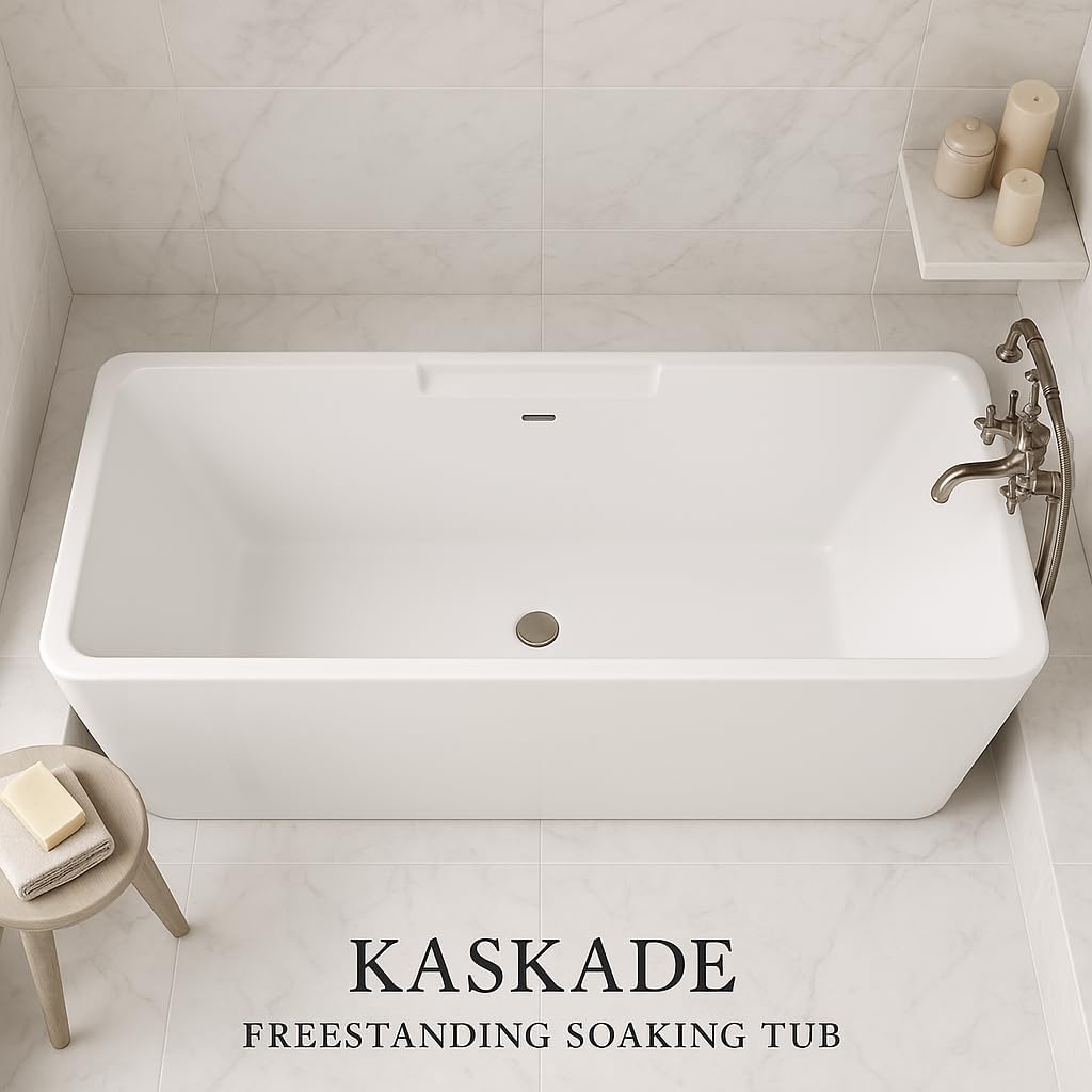 Carver Tubs - Kaskade 71' Modern White Freestanding Soaking Bathtub - Modern Rectangle Acrylic Tub With Chrome Drain & Center Slotted Overflow Included - Deep Soaking - 71″L x32'W x 23'H