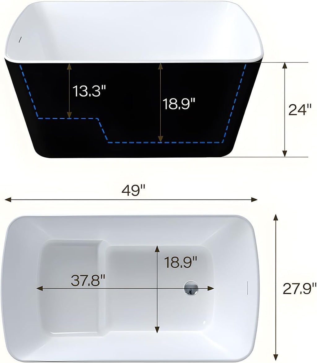 49' Freestanding Acrylic Bathtub, Japanese Square Soaking Tub with Built-in Seat, Toe-Tap Drain & Slotted Overflow, CUPC Certified Black Standalone Tub for Modern Bathroom