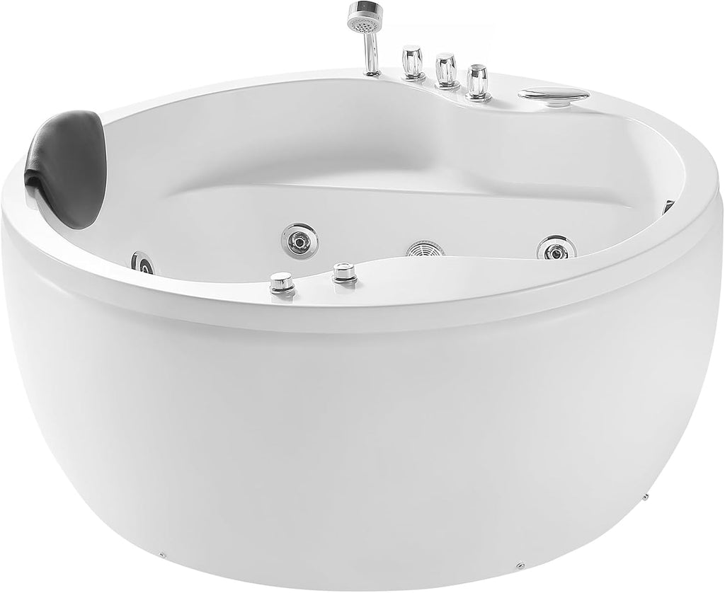 Empava 59' Acrylic Freestanding Whirlpool Bathtub Hydromassage Round Jetted Soaking Tub with Right Side Drain and Waterfall Faucet