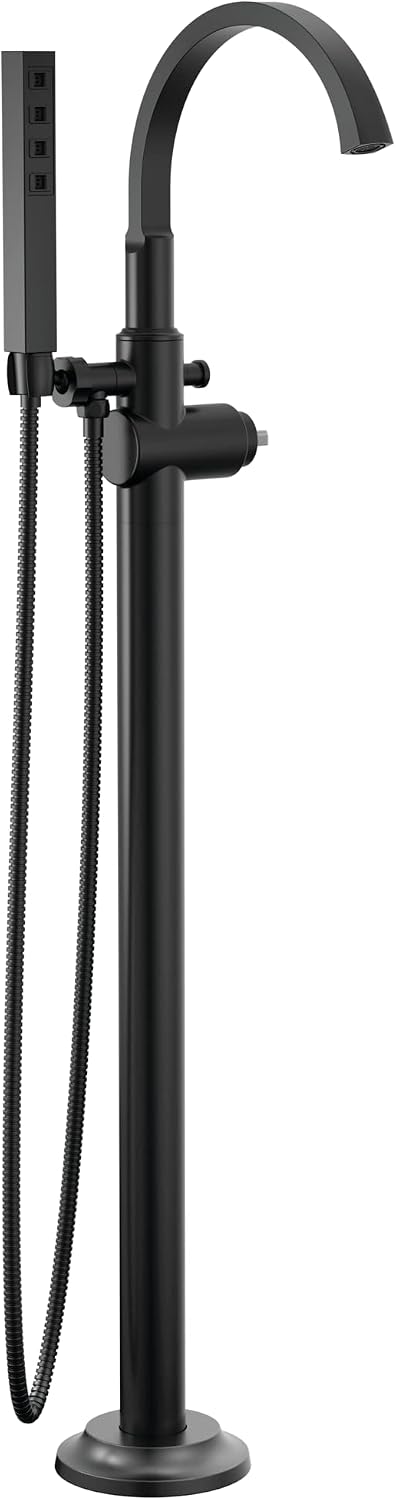 Delta Faucet Tetra Floor-Mount Freestanding Tub Filler with Hand Held Shower, Black Tub Faucet, Matte Black T4788-BLLHP-FL (Valve and Handle Not Included)