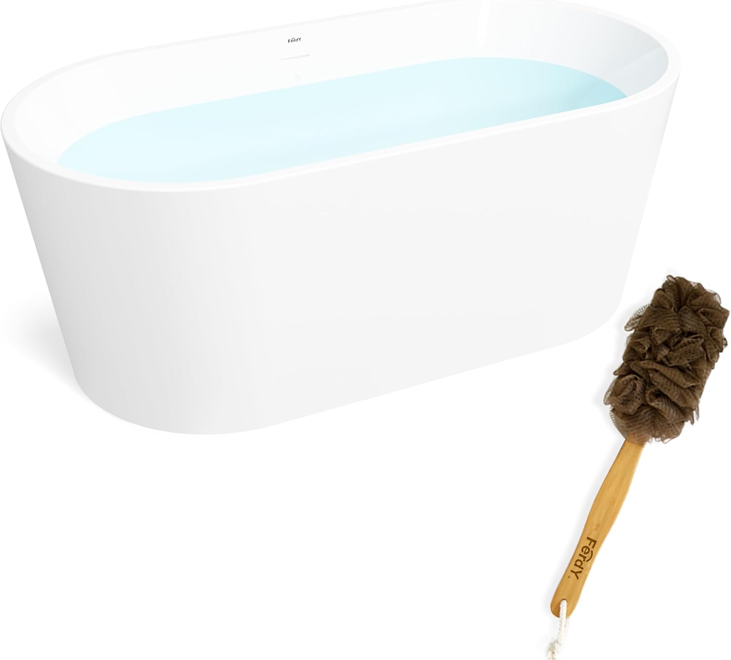 FerdY Shangri-La 59' Acrylic Freestanding Bathtub, Classic Oval Shape Acrylic freestanding tub Modern White, cUPC Certified, Chrome Drain&FerdY Back Scrubber for Shower,Long Handled Loofah on a Stick