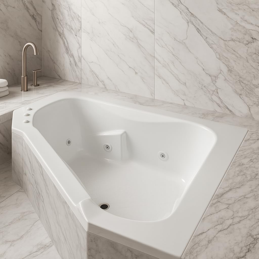 Carver Tubs - CT6060 - Modern Acrylic Fiberglass Whirlpool Corner Bathtub, 12 Heated Jetted Air Massage - White Corner Triangle Acrylic Tub w/Armrest - Deep Relaxing Soak - 60'L x 60'W x 19.5'H