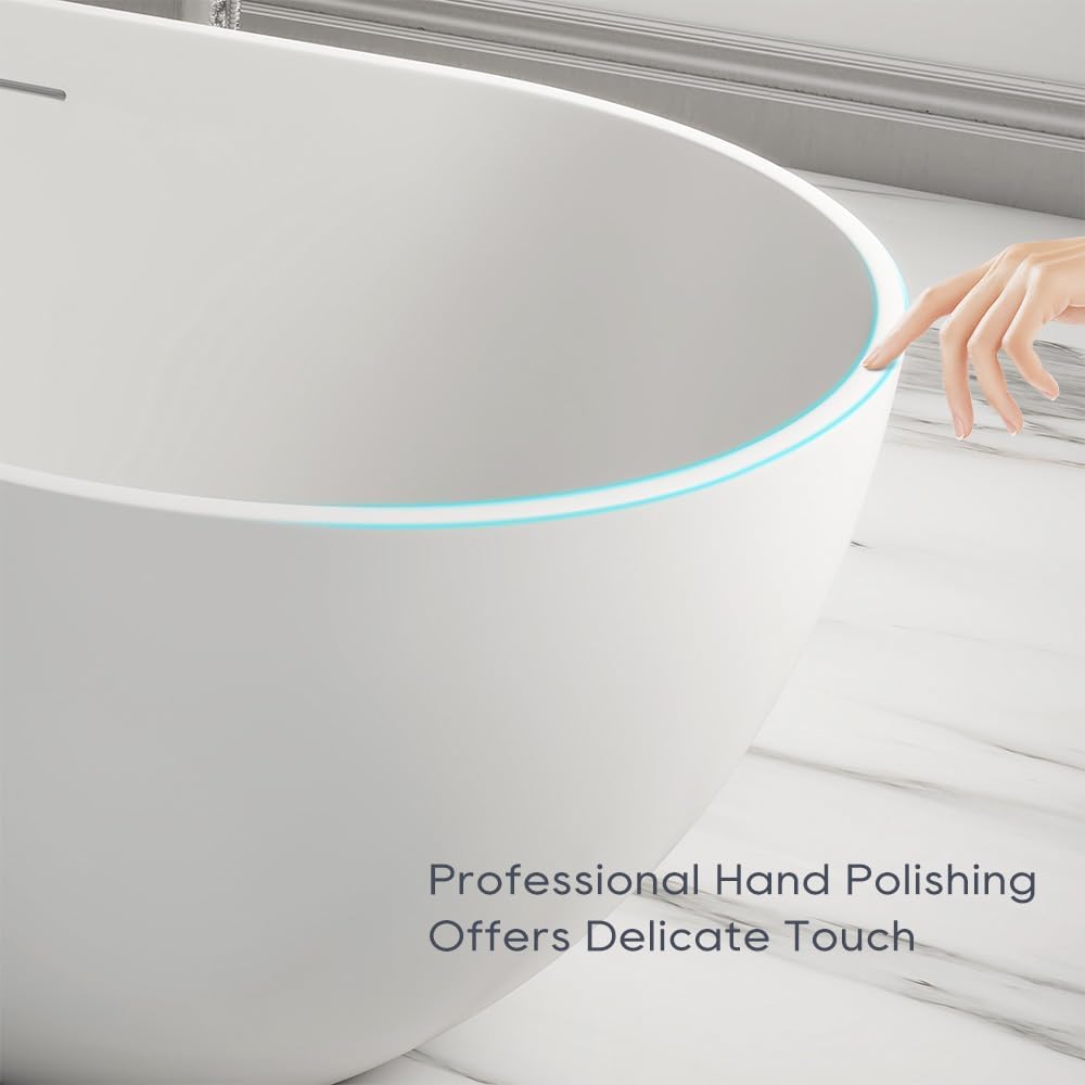 SJ STAR&JANE 69' Solid Surface Freestanding Bathtub, Matte White Oval Stone Resin Soaking Tub Stand Alone Tub with Overflow and Pop-up Drain for Modern Bathrooms
