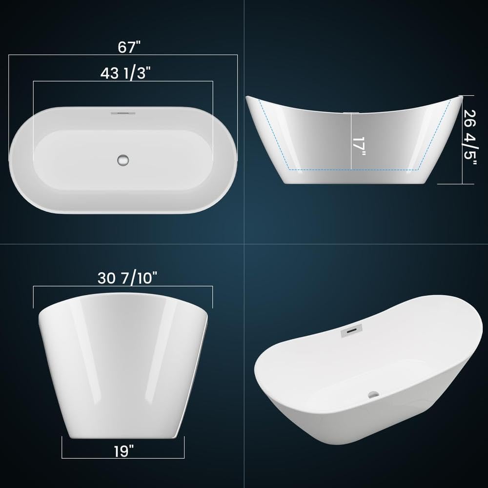 Luxurious 67' White Acrylic Freestanding Bathtub with Chrome Drain, cUPC Certified, 1000 lbs Capacity, Stain & Scratch Resistant, Easy Installation, Perfect for Relaxing Soaks
