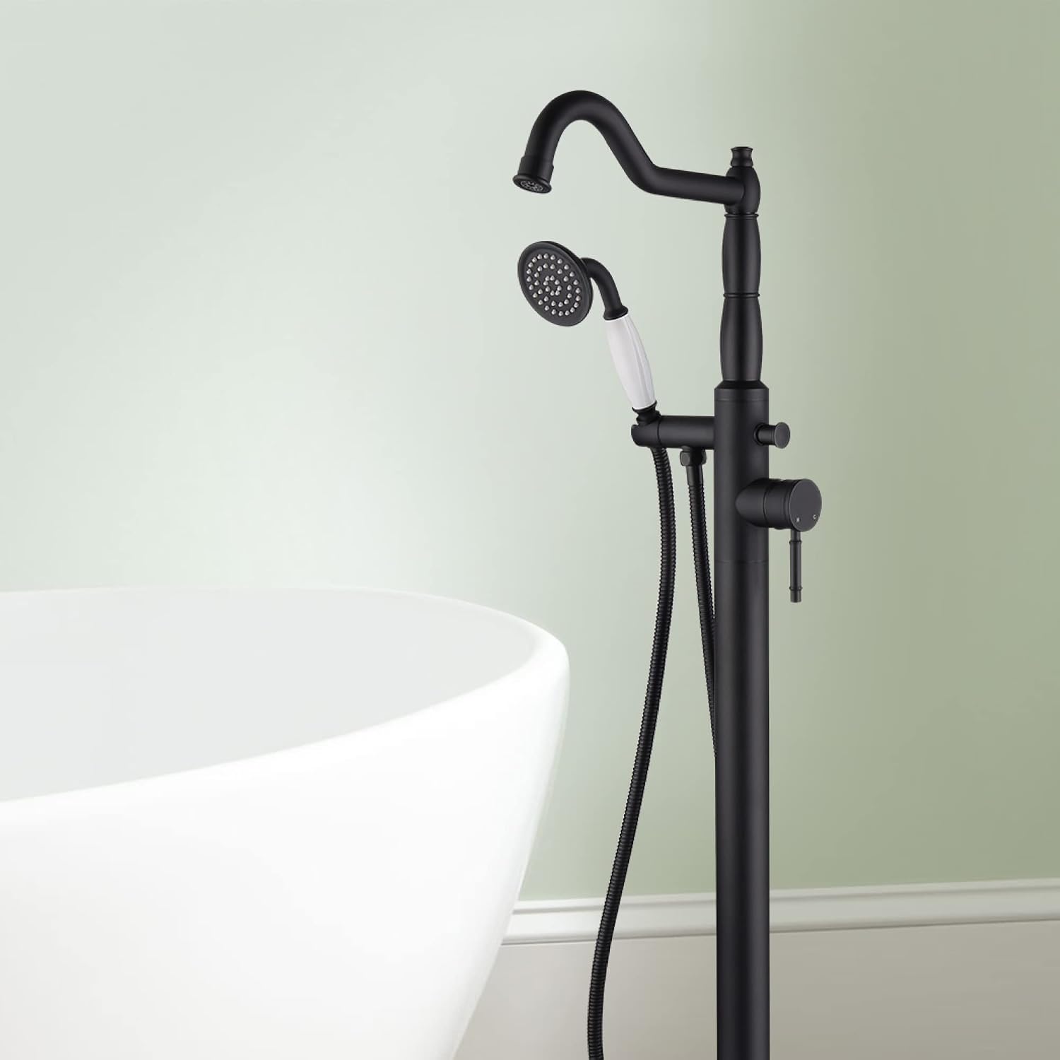 Free Standing Tub Faucet Matte Black, Freestanding Bathtub Filler Stylish Brass Stand Alone Clawfoot Tub Faucet with Rotate Handheld Shower