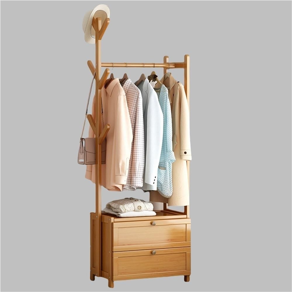 Modern Wooden Clothes Rack with Locker Door & 6 Hooks, Freestanding Garment Rack for Bedroom, Study, Dining Room, Dormitory - Stylish Yellow, 19.7x11.8x65.2in