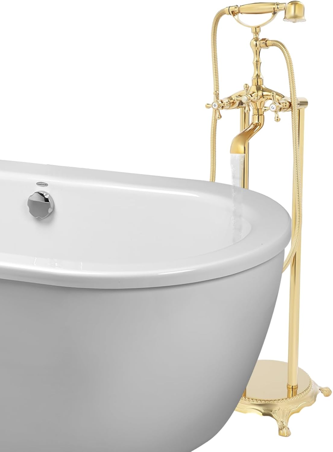 Freestanding Bathtub Faucet, Tub Filler with Handheld Shower, Brushed Nickel, Floor Mount Bathtub Faucet (Gold)