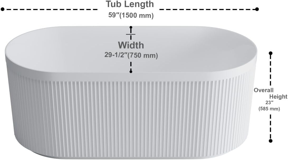 Dowell 59' x 30' Freestanding Bathtub, Acrylic Soaking Tubs, Fluted Design Oval Shape Bathtub W,Matte White-081 5930 01