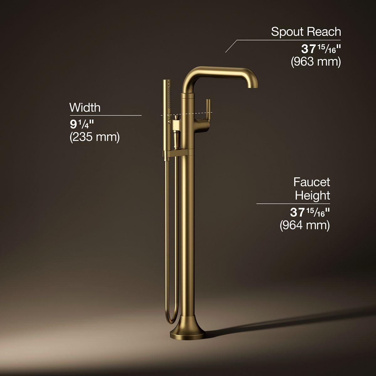 Kohler T27424-4-2MB Tone™ Floor-Mount Bath Filler Trim with handshower, Vibrant Brushed Moderne Brass