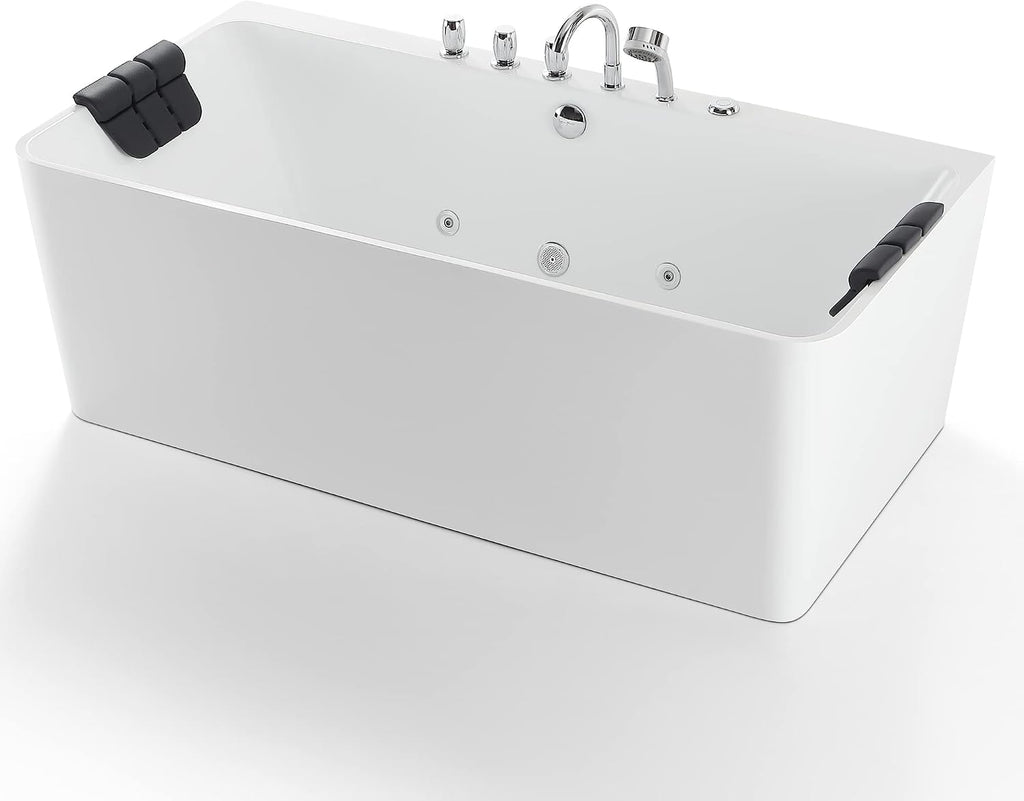 Empava 67-Inch Freestanding Whirlpool Bathtub Rectangular with 8 Hydromassage Water Jets Luxury Acrylic Massage SPA Soaking Bath Tub Double Ended