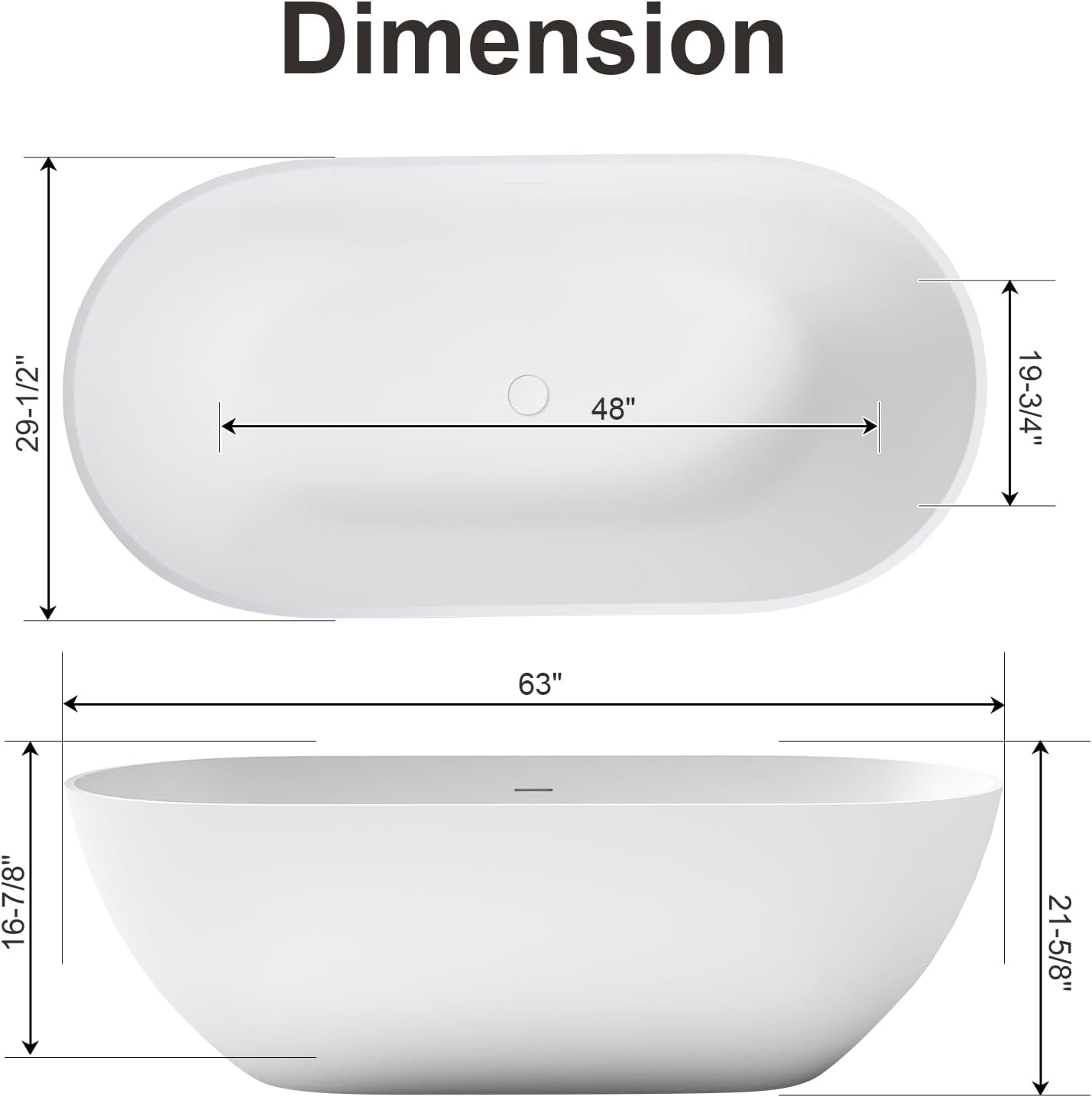 Zevemomo 63 Inch Solid Surface Freestanding Bathtub, Oval Shaped Soaking Stone Resin Bath Tub with Brushed Overflow and Drain, Matte White Stand Alone Bathtub, cUPC Certified