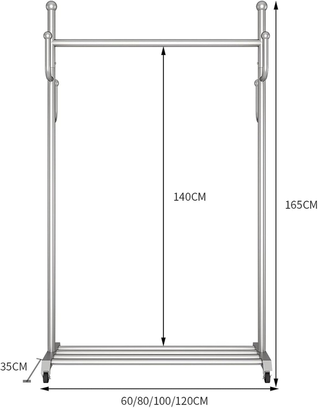 Heavy duty Garment rack Silver Stainless Steel Clothing Rack With Wheels, Rolling Clothes Rack With 6 Hooks And Shelves, Portable Clothes Organizer For Bedroom,Space Saving Coat Rack ( 120X35X165CM)