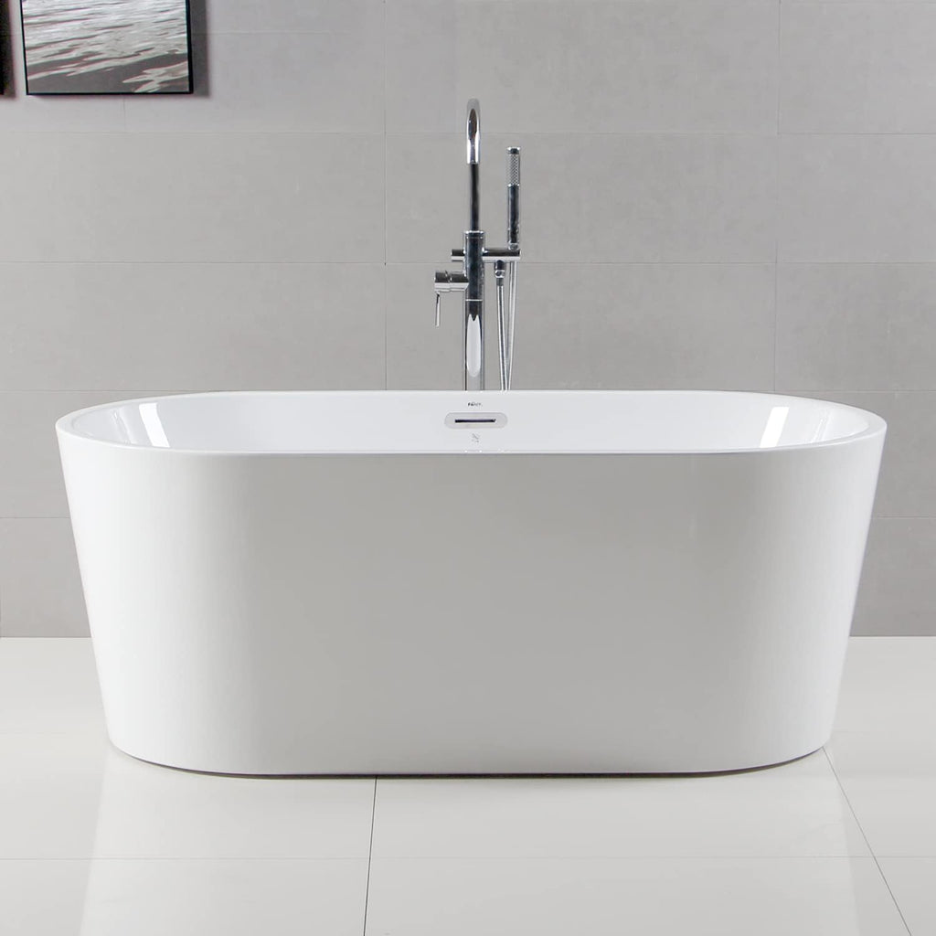 FerdY Acrylic Freestanding Bathtub, Ergonomic Lightweight Classic Oval Soaking Bathtub with Chrome Drain, Classic Slotted Overflow, Modern White 59'