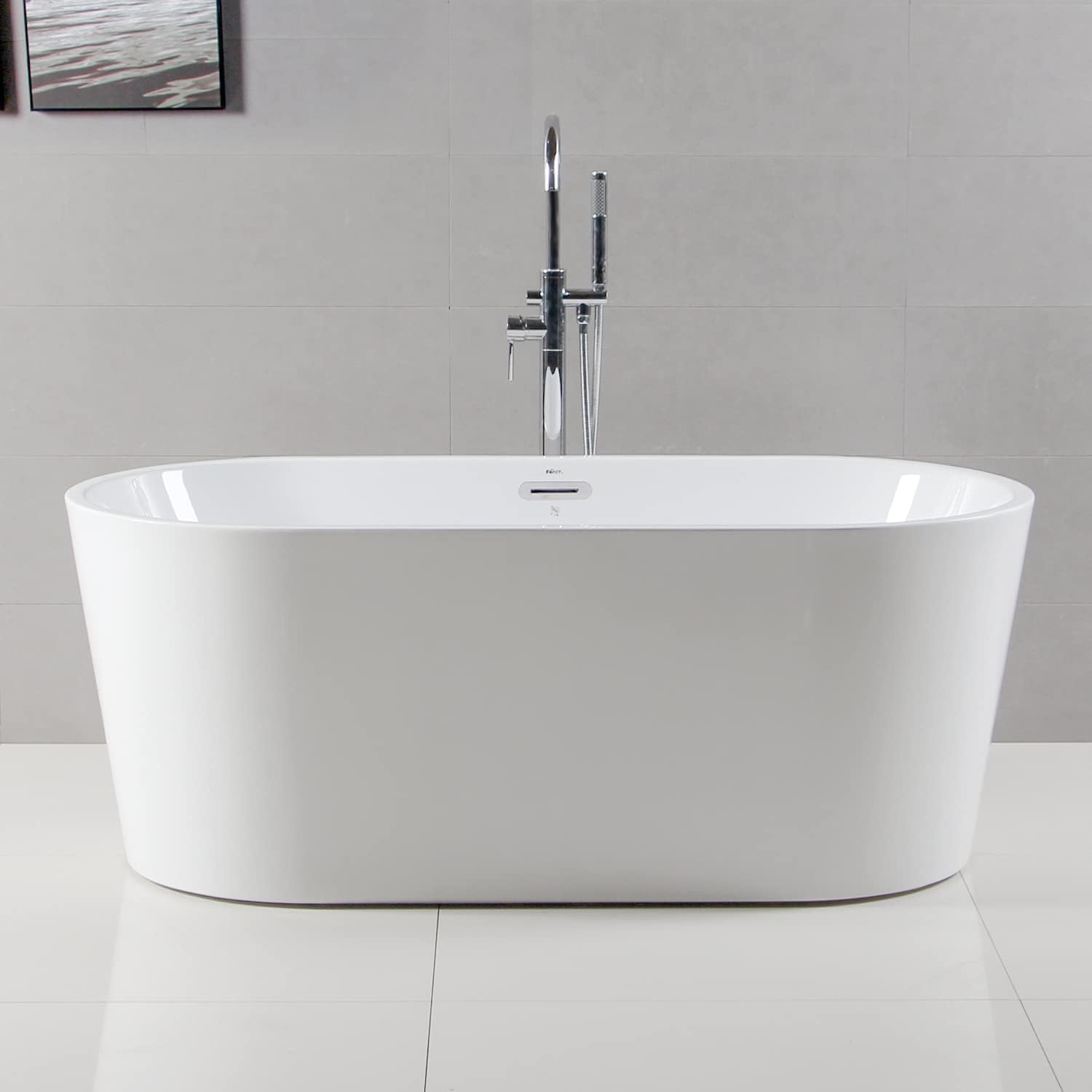 FerdY Acrylic Freestanding Bathtub, Ergonomic Lightweight Classic Oval Soaking Bathtub with Chrome Drain, Classic Slotted Overflow, Modern White 59'