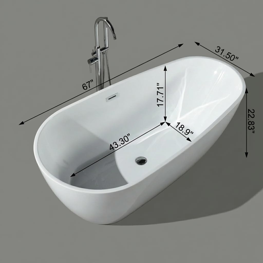 67 Inch Acrylic Freestanding Bathtub, Deep White Oval Pearl-Shape Soaking Tub, Modern Stand Alone Bathtub with Non-Slip Base, Chrome Overflow & Pop-Up Drain, Easy Assembly for Bathroom, Home, Spa