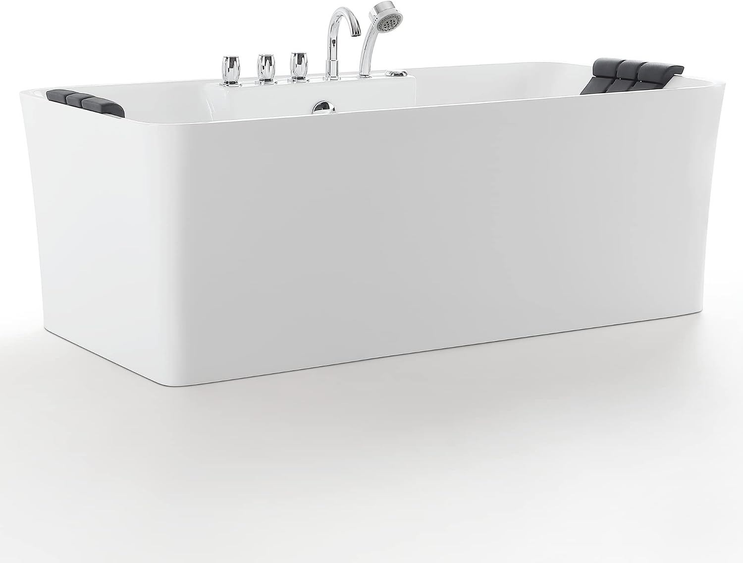 59 in. Acrylic Freestanding Bath Tub Hydromassage Gracefully Rectangle Shaped 8 Water Jets Soaking SPA, Double-Ended Massage Bathtubs with Two Black Pillows , White