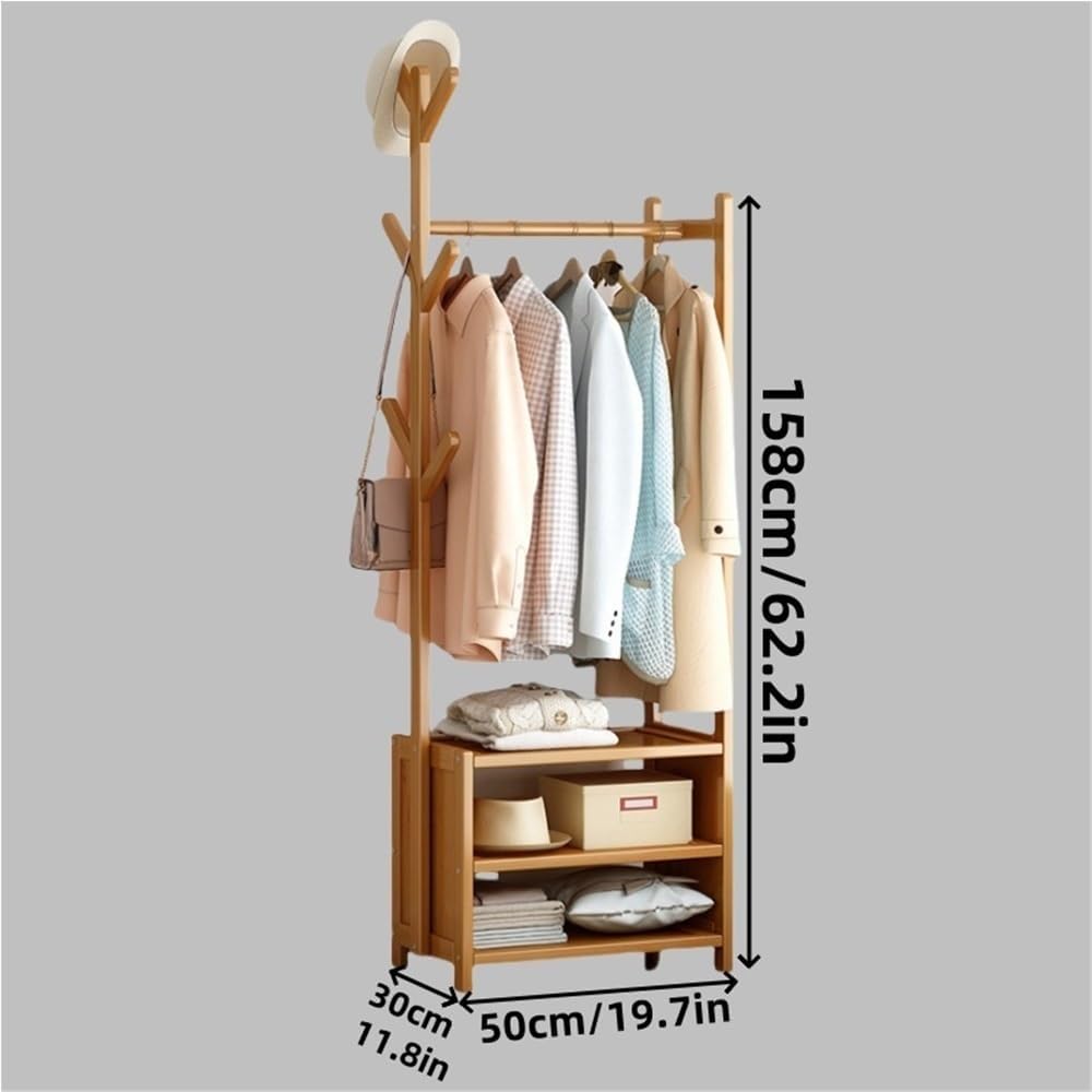 Wooden Clothes Rack with Storage & 6 Hooks, Freestanding Garment Rack for Bedroom, Dining Room, Dorm, Yellow, 19.7x11.8x65.2in - Stylish Coat nizer