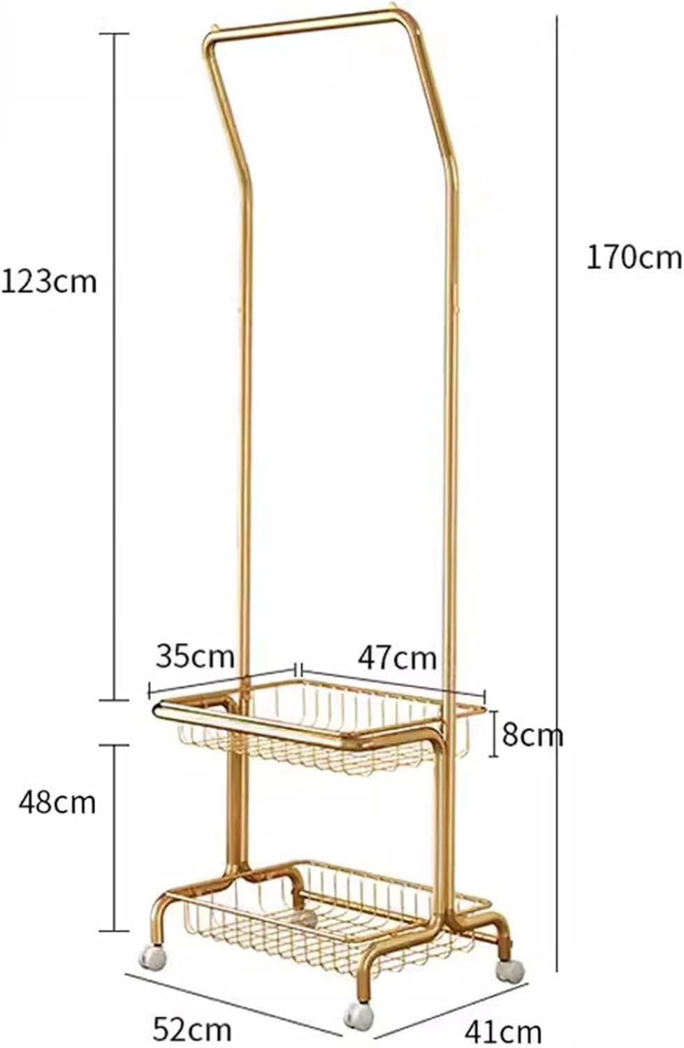 Heavy Duty Coat Rack, Garment Rack 2-in-1 Clothes Rack with 2 Storage Basket, Heavy Duty Metal Clothing Rack with Wheels, Rolling Clothes Organizer for Hanging Clothes, Freestanding Coat Rack (Gold)
