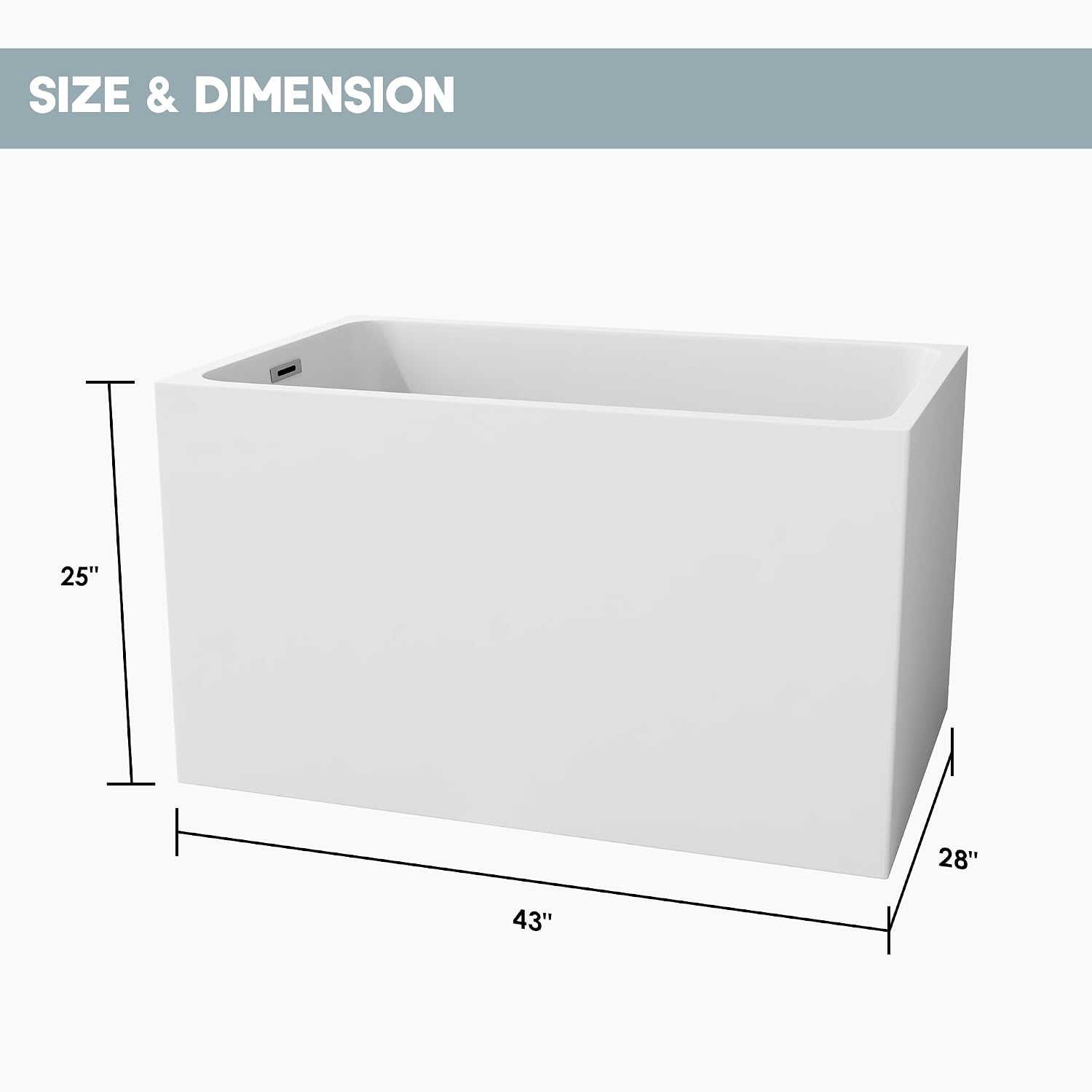 CASAINC 43' Acrylic Freestanding Bathtub, Spacious Rectangle Shape Soaking Tub, Soaking Stand Alone Tub with Chrome Overflow and Pop Up Drain, Gloss White