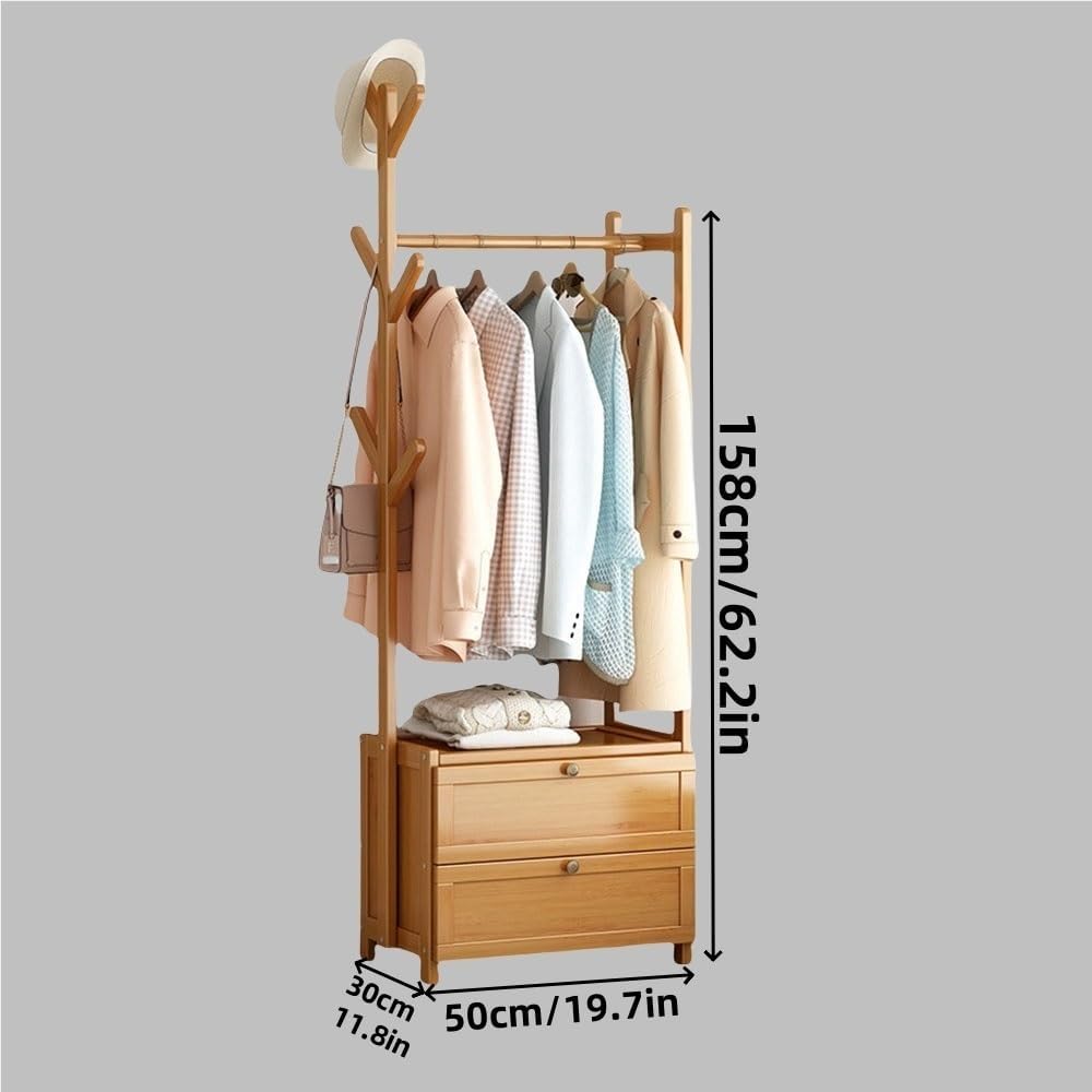Modern Wooden Clothes Rack with Locker Door & 6 Hooks, Freestanding Garment Rack for Bedroom, Study, Dining Room, Dormitory - Stylish Yellow, 19.7x11.8x65.2in