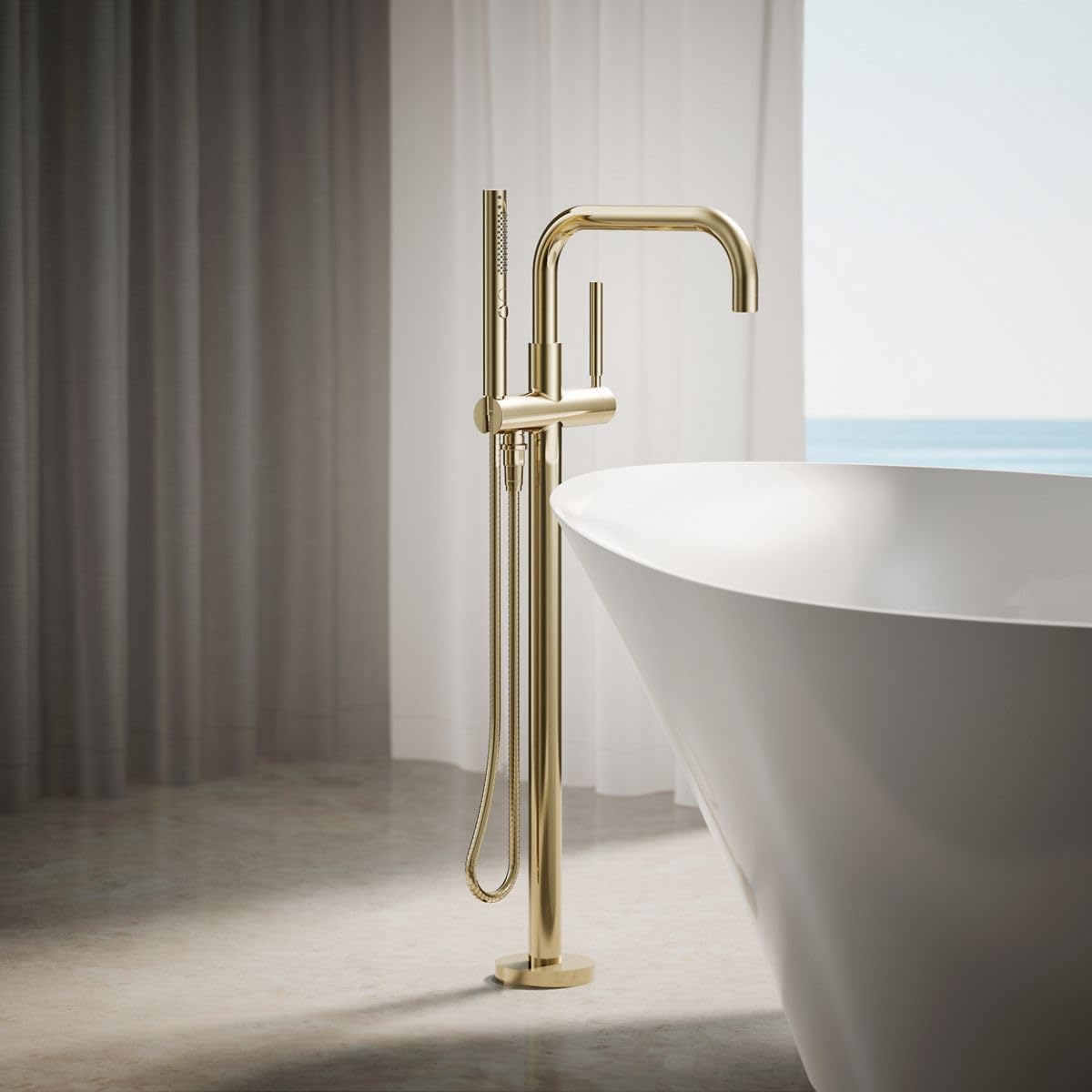 Kohler K-T97328-4-AF Purist Floor-mount bath filler trim with handshower, Vibrant French Gold