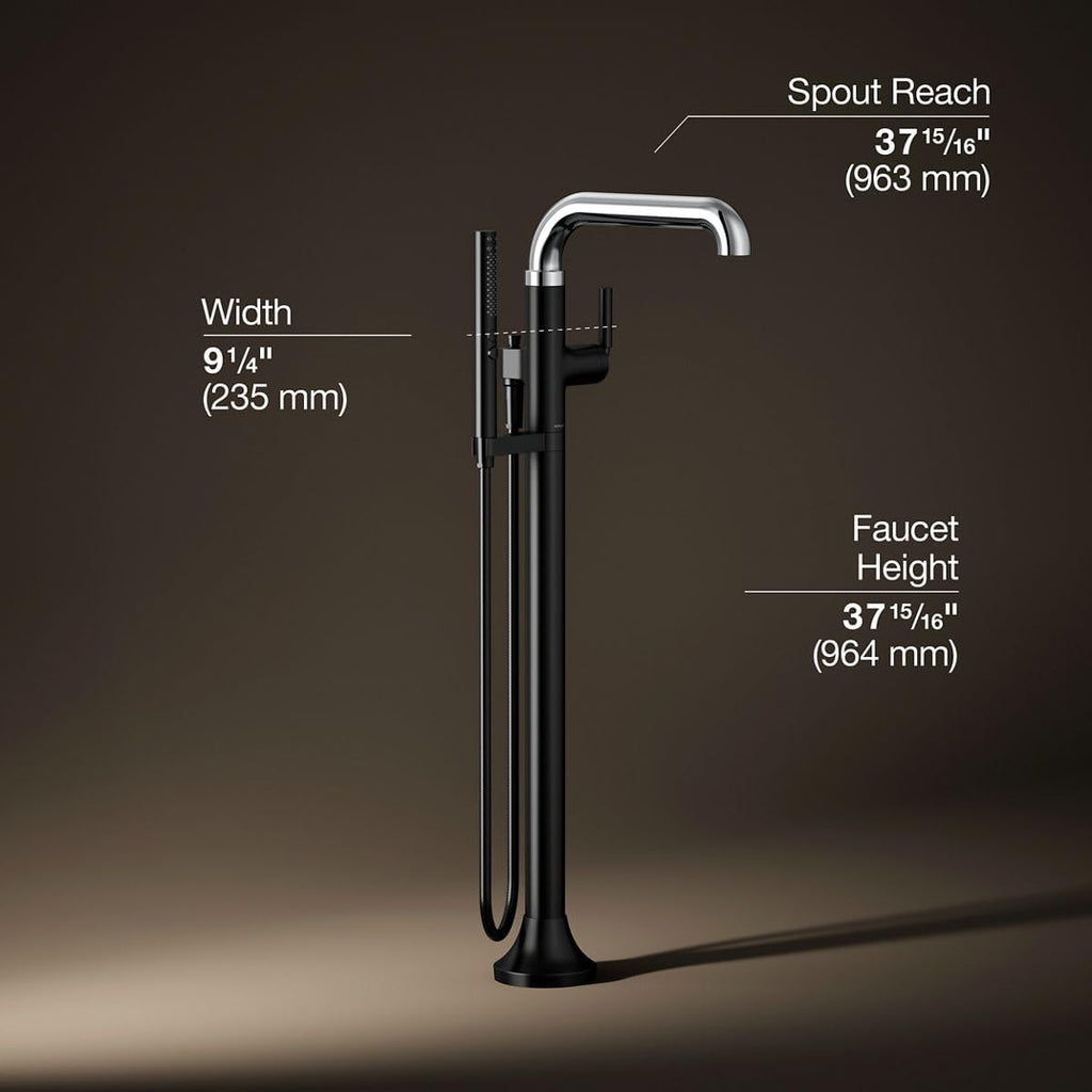 Kohler T27424-4-CBL Tone™ Floor-mount bath filler trim with handshower, Polished Chrome with Matte Black