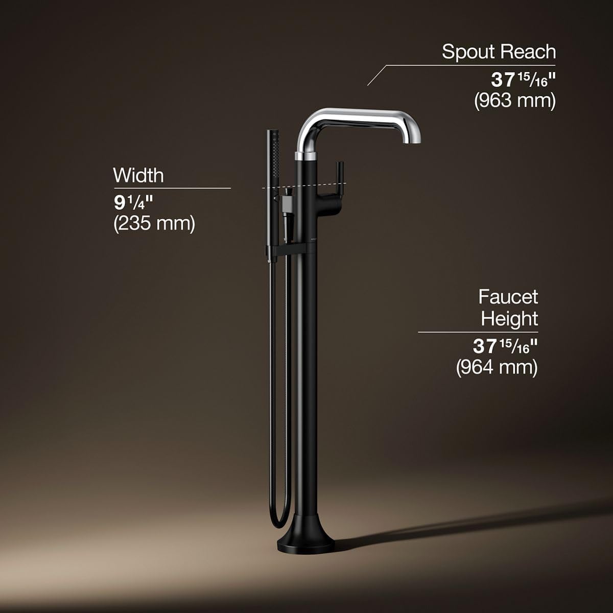 Kohler T27424-4-CBL Tone™ Floor-mount bath filler trim with handshower, Polished Chrome with Matte Black