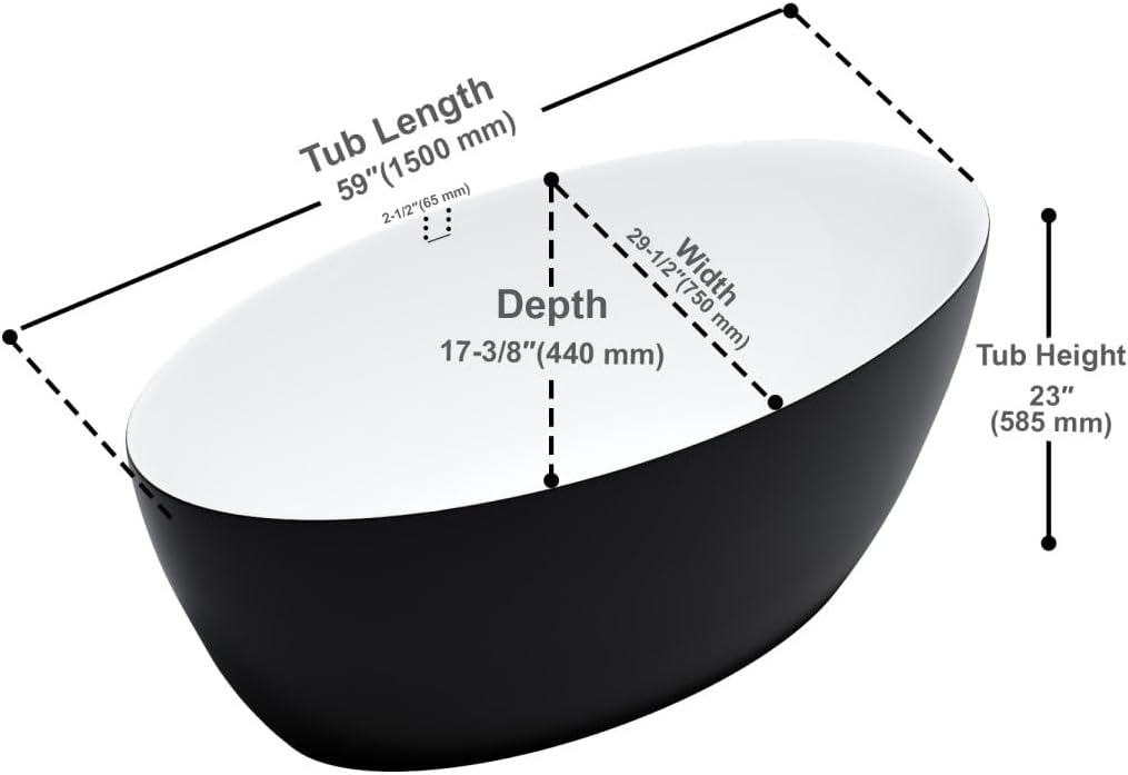 Dowell 59' x 30' Modern Acrylic Freestanding Bathtub | Elegant Oval Soaking Tub with Integrated Overflow for Bathroom, Matte Black-080 5930 02