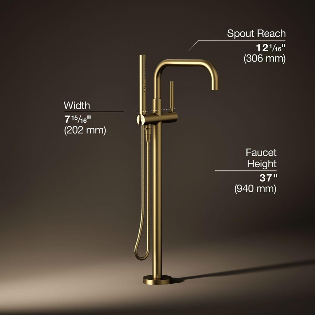 KOHLER T97328-4-2MB Purist Floor-Mount Bath Filler Trim with Handshower, Single Lever Handle Bathtub Faucet, 1.75 GPM Handshower, Vibrant Brushed Moderne Brass