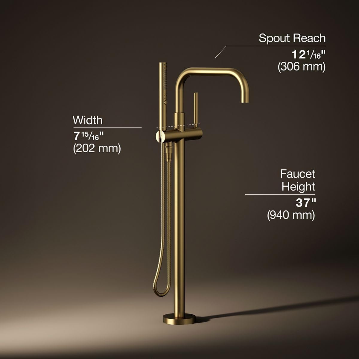 KOHLER T97328-4-2MB Purist Floor-Mount Bath Filler Trim with Handshower, Single Lever Handle Bathtub Faucet, 1.75 GPM Handshower, Vibrant Brushed Moderne Brass