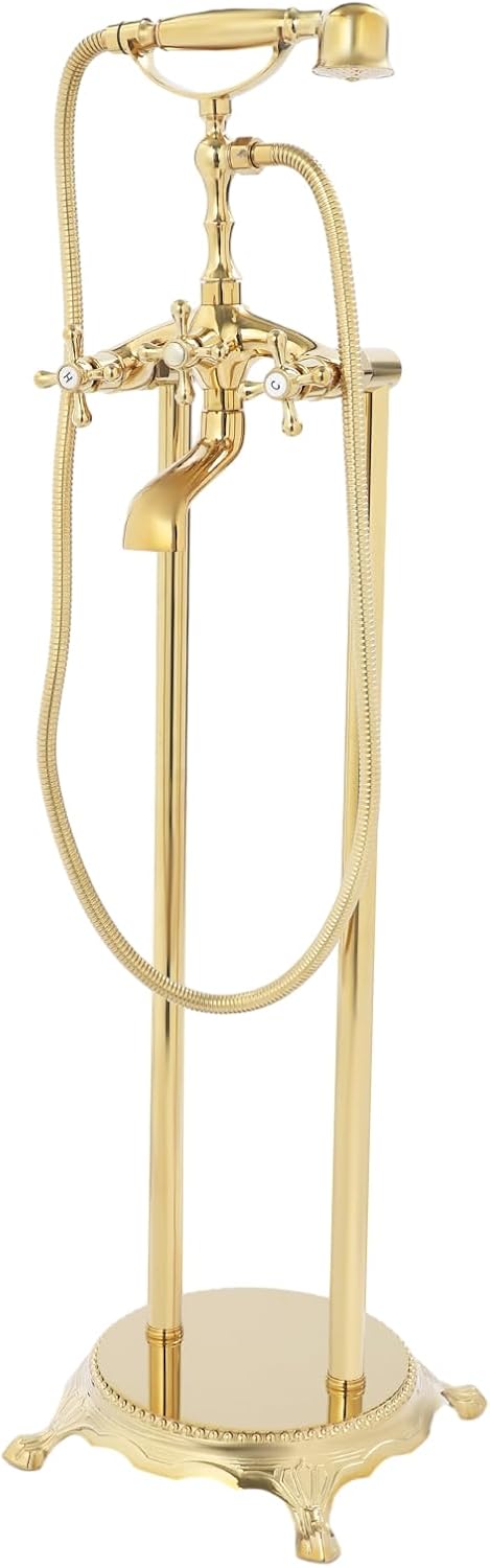 Freestanding Bathtub Faucet, Tub Filler with Handheld Shower, Brushed Nickel, Floor Mount Bathtub Faucet (Gold)