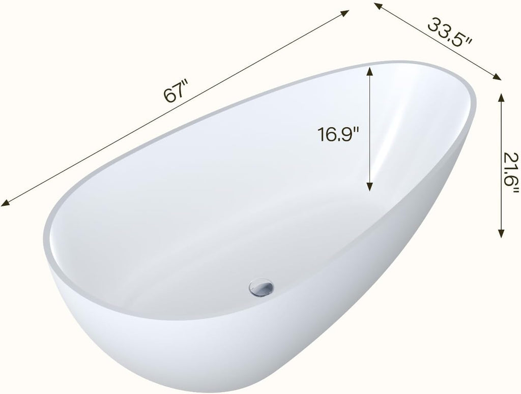 67' Freestanding Bathtub, Solid Surface Soaking Tub - Oval Egg Shell Stone Resin with Pop-Up Drain & Overflow, CUPC Certified Matte White Deep Soaking Tub with Ergonomic Design for Luxury Bathroom