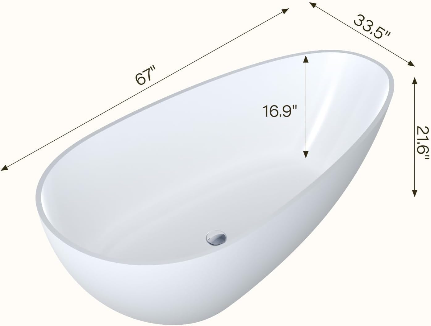 67' Freestanding Bathtub, Solid Surface Soaking Tub - Oval Egg Shell Stone Resin with Pop-Up Drain & Overflow, CUPC Certified Matte White Deep Soaking Tub with Ergonomic Design for Luxury Bathroom