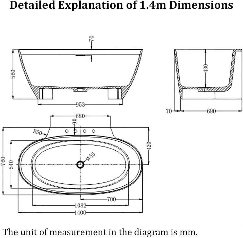 Ergonomic Luxury Spa Bathtub, Oval-Shaped Transparent Resin Tub with Drain, Handcrafted Extra-Deep Tub, Modern Spa Bathroom, 55-70 Inches,I l140cm