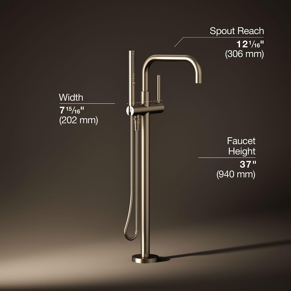 Kohler K-T97328-4-BV Purist Floor-mount bath filler trim with handshower, Vibrant Brushed Bronze