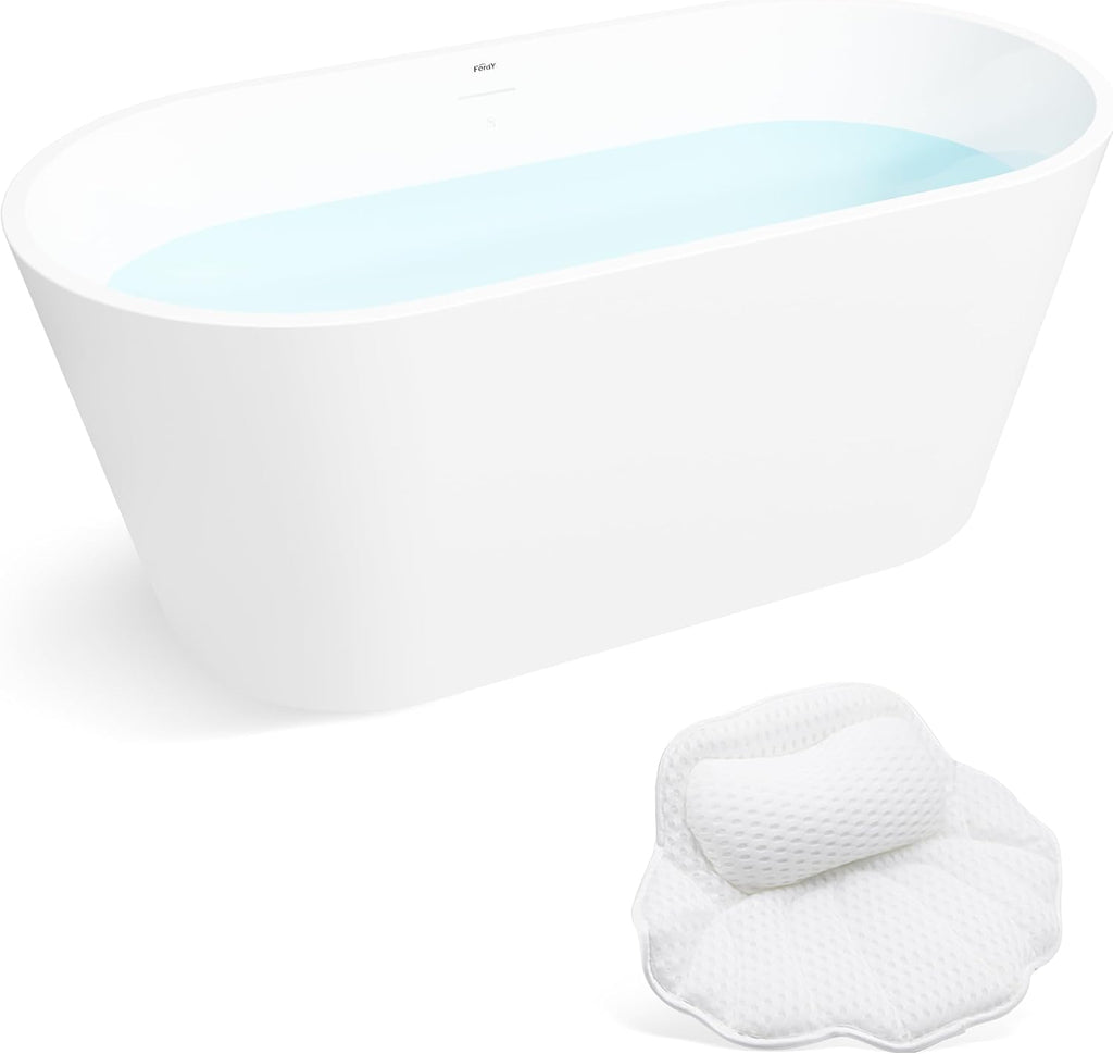 FerdY 59' Bali Elite Acrylic Freestanding Bathtub with Headrest, Gracefully Shaped Soaking Bathtub, cUPC Certified, Toe-Tap Brushed Nickel Drain & Overflow & Bath Pillow Included