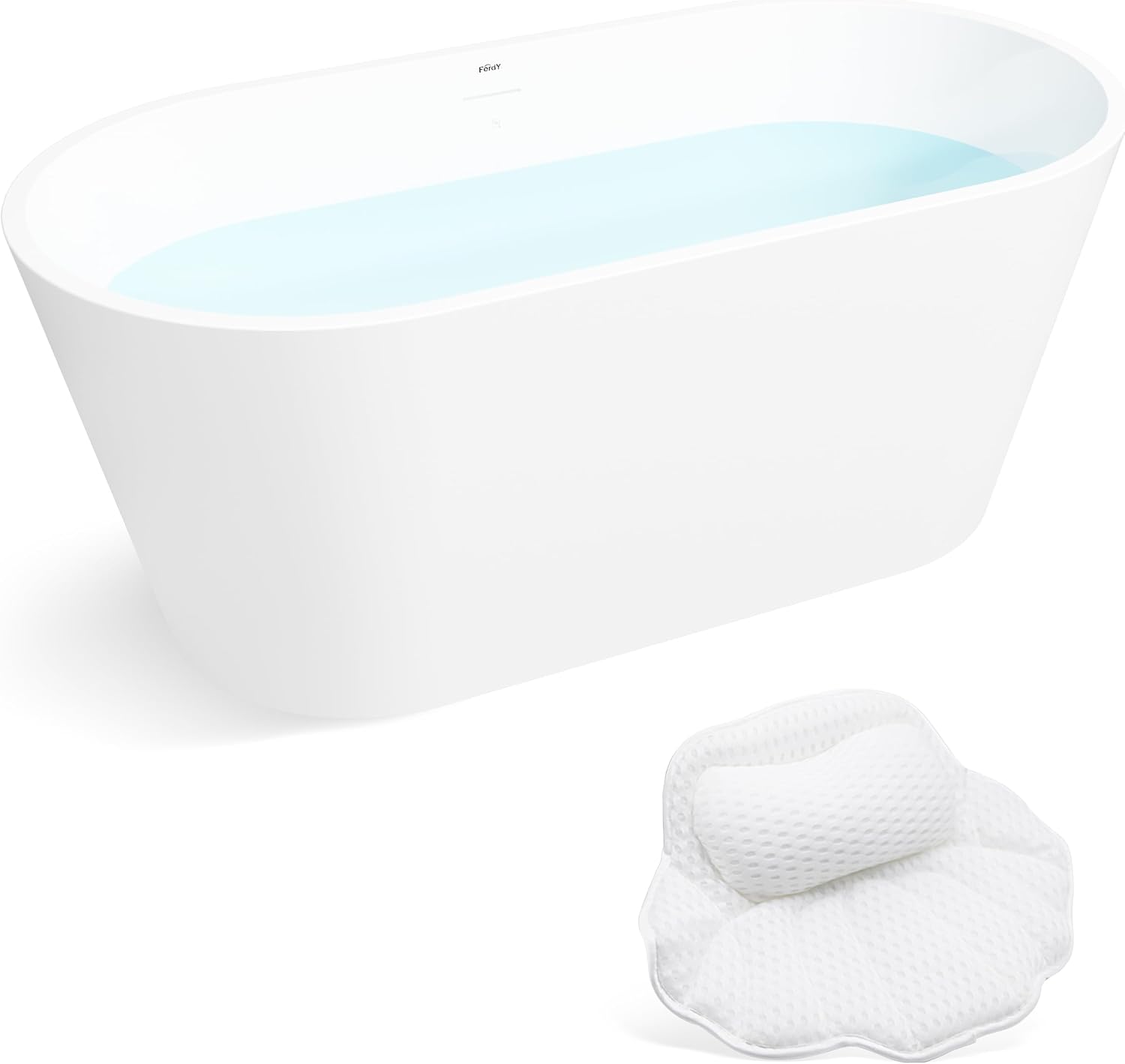 FerdY 59' Bali Elite Acrylic Freestanding Bathtub with Headrest, Gracefully Shaped Soaking Bathtub, cUPC Certified, Toe-Tap Brushed Nickel Drain & Overflow & Bath Pillow Included