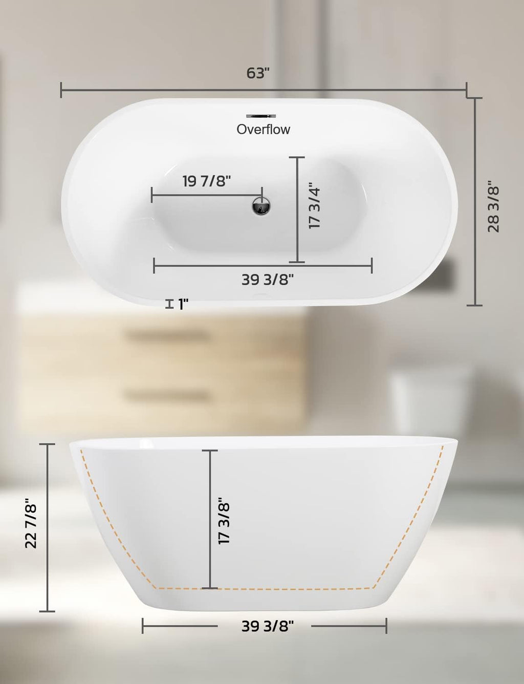 Zevemomo 63 Inch Acrylic Freestanding Bathtub, Glossy White Contemporary Soaking Tub with Silver Toe-Tap Pop-Up Chrome Drain, Integrated Slotted Brushed Nickel Overflow, 61 Gal cUPC Certified Tub