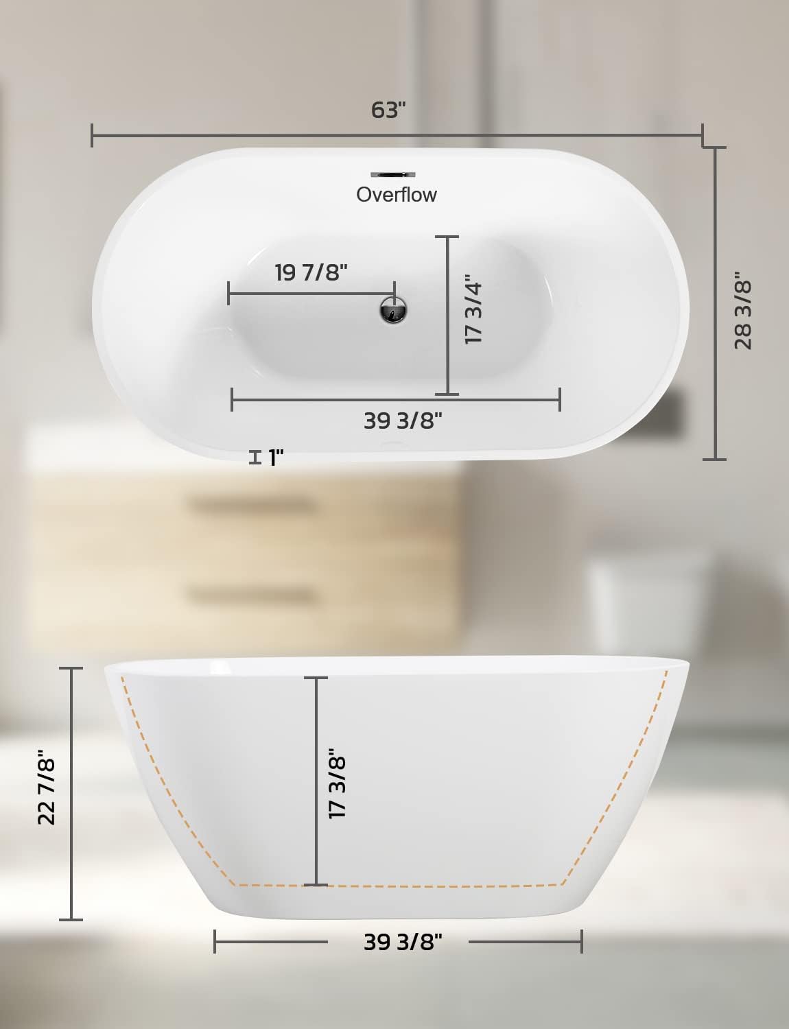 Zevemomo 63 Inch Acrylic Freestanding Bathtub, Glossy White Contemporary Soaking Tub with Silver Toe-Tap Pop-Up Chrome Drain, Integrated Slotted Brushed Nickel Overflow, 61 Gal cUPC Certified Tub
