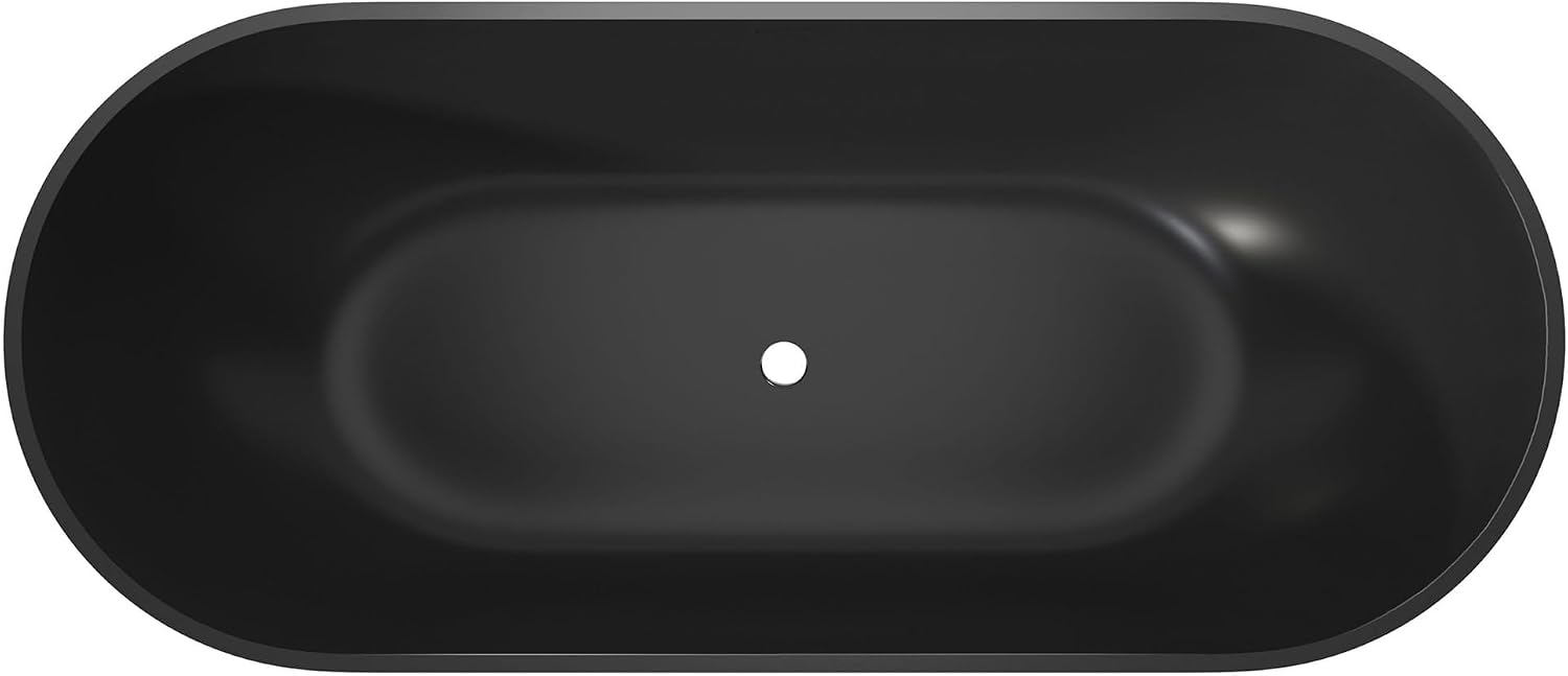 69' Freestanding Solid Surface Bathtub, Matte Black | Resin Stone, Modern Design Stand Alone Tub with Drain, Free Stand SoakIng Tub